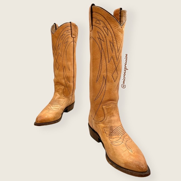 $399 Frye Billy Pull On Tan Leather Embroidered Tonal Stitch Tall Cowboy Boots - Picture 2 of 11